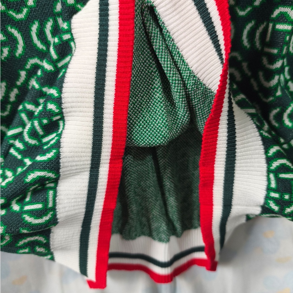 Casablanca Green Patterned Short-Sleeve Polo Knit Top with Ivory Collar - Picture 6 of 7